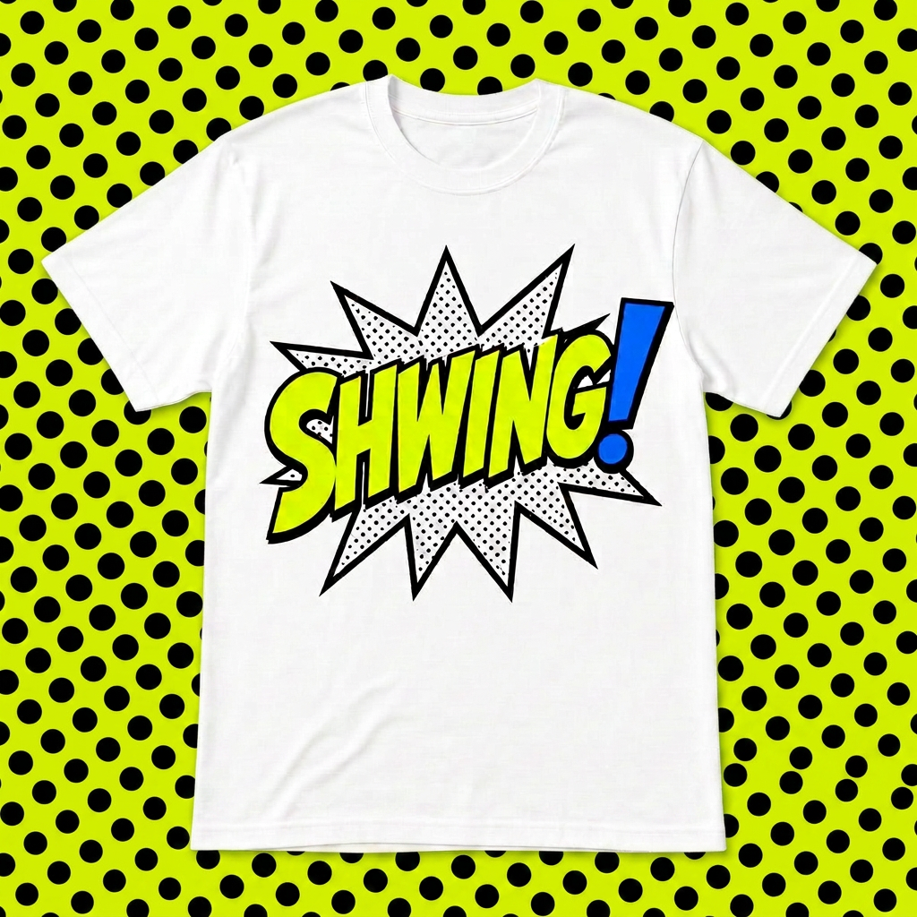 Featured SHWING! t-shirt on a halftone background